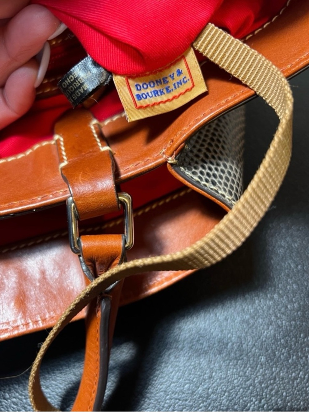 Dooney & Bourke Lizard Embossed Leather Satchel Brown Tan Crossbody - Picture 6 of 14